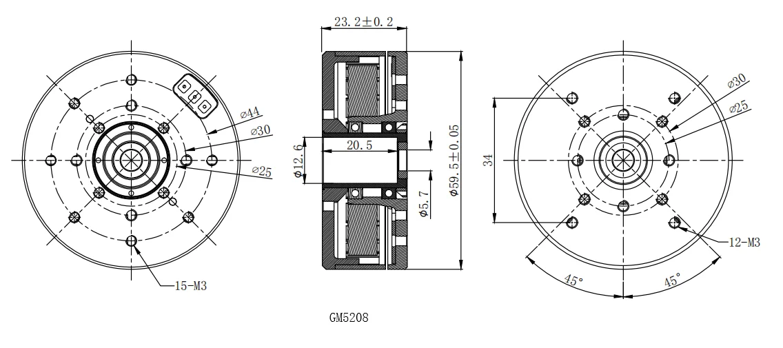 Image of the dimensions of the GM5208 gimbal motor