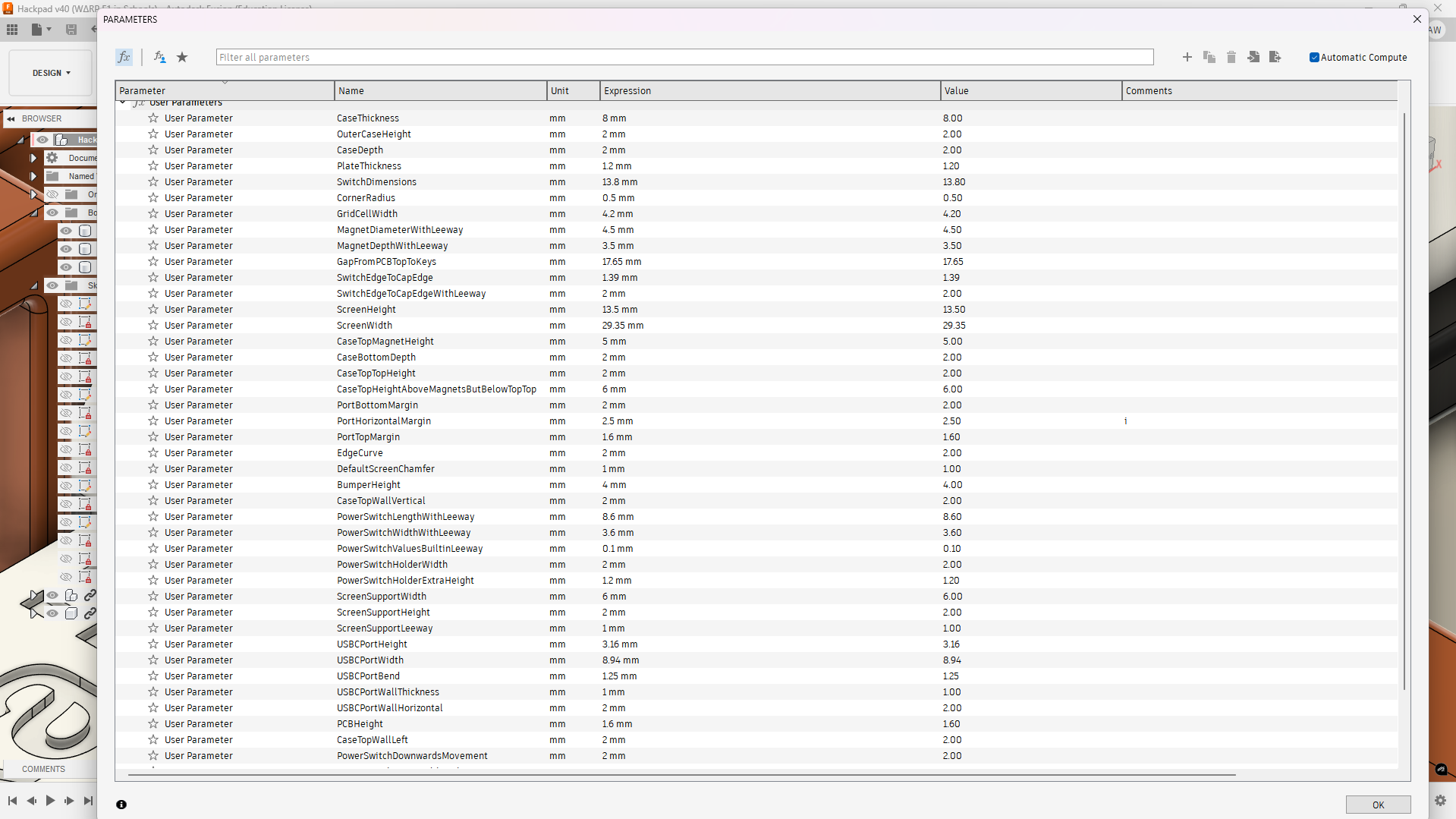 fusion 360 parameters tab