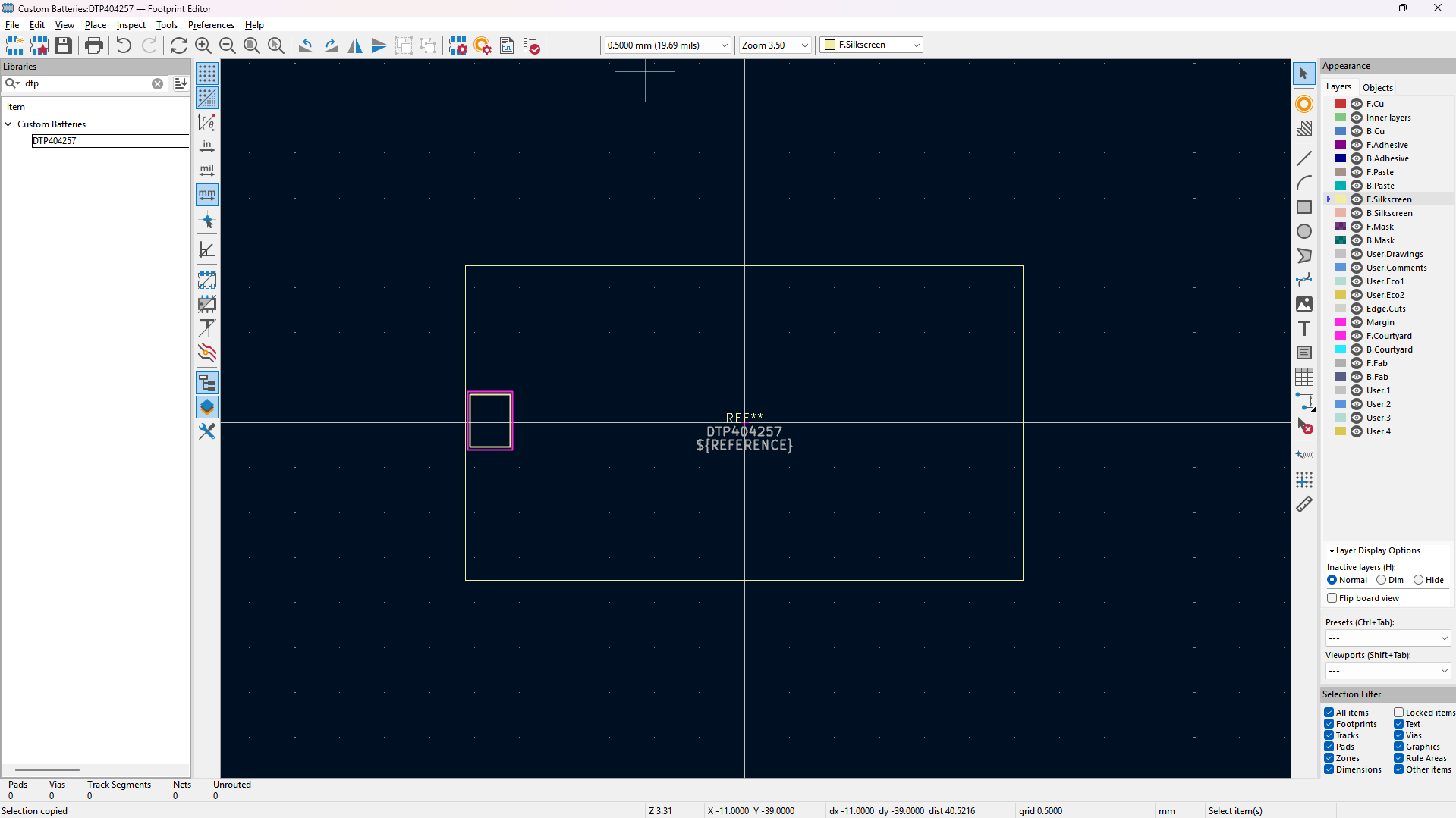 custom footprint for the battery