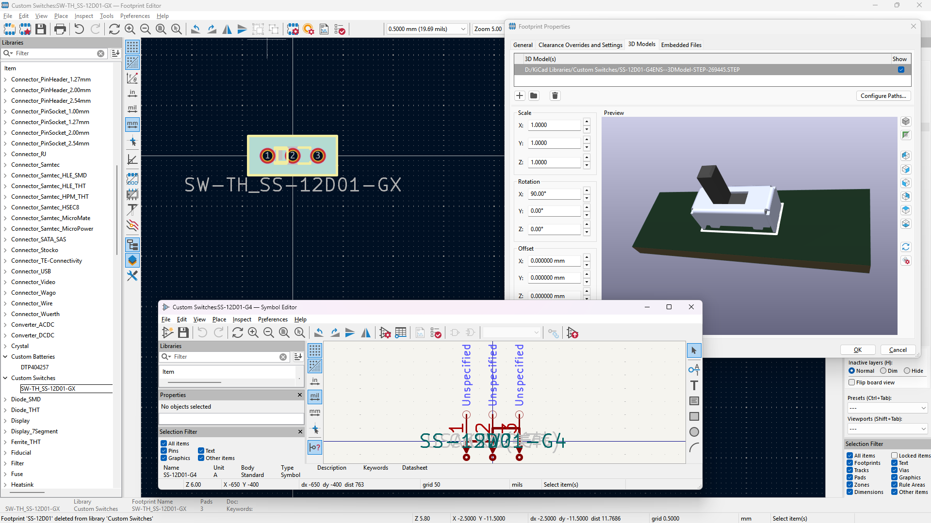 the 3d model of the switch from PiHut in KiCad linked to its footprint